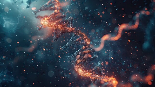 Breakthrough in science: DNA spiral break, abstract structure for a scientific or medical background. Molecular breakthrough concept