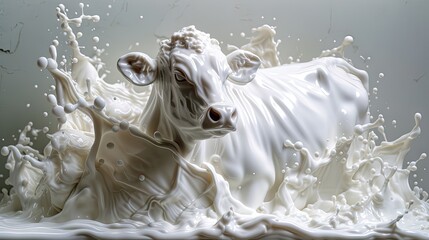 Milk splash in the form of a cow. Creative and artistic dairy concept. Splash of creativity with a cow shape