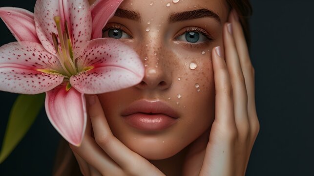 Sensual portrait of a woman with a lily, soft lighting, beauty concept. graceful female with floral elegance. perfect for beauty themes and fashion. AI