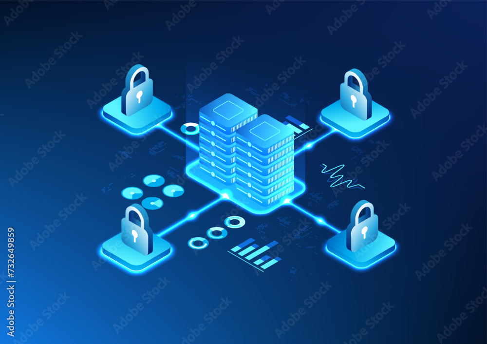 Poster server technology background is where data is processed and stored. connected to the lock represents