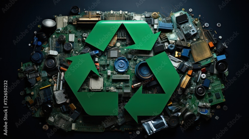 Poster striking display of various electronic components and devices arranged around a green recycle symbol