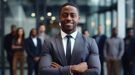 Black man and mile in portrait with crowd leadership and meeting with group for corporate project team Generative AI