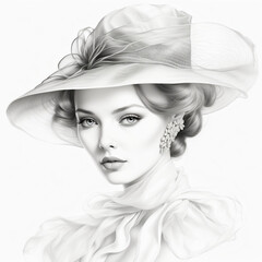 Retro portrait of young woman in hat. Monochrome drawing.