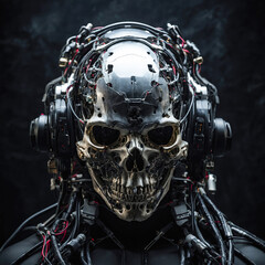 cyber robot skull with prosthetics and technological wiring in the head to give life