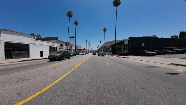 Hollywood Sunset Blvd Eastbound 02 Front View at Stanley Ave Driving Plate California USA Ultra Wide