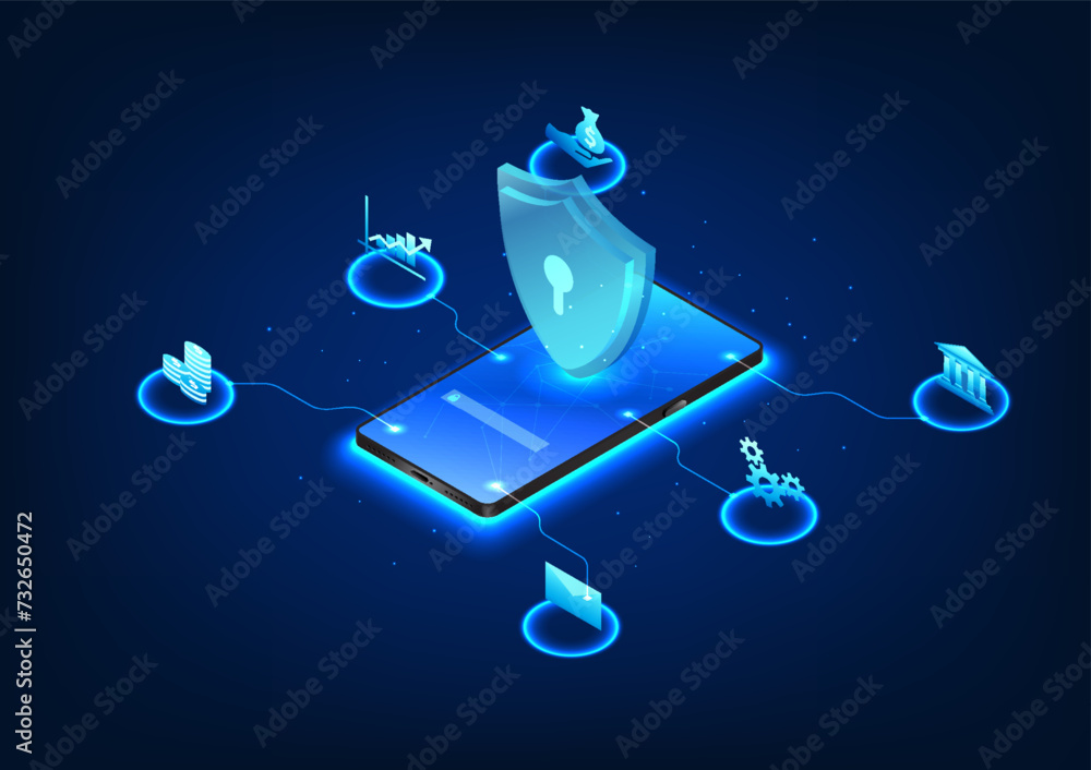 Poster cybersecurity technology built into smartphones has a security system. prevent financial information