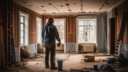 Fototapeta premium Back view of a man contractor at work inside a home for renovation and refurbishment project , efficiency renovation concept image.