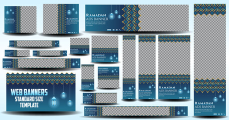 Ramadan Kareem ads web banner template set. Ramadan web banners kit vector design. Editable ads banners for Ramadan Kareem Event, Ramzan ads banners  - obrazy, fototapety, plakaty