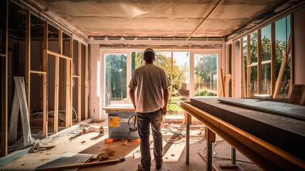 Back view of a man contractor at work inside a home for renovation and refurbishment project , efficiency renovation concept image.