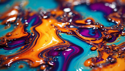 Bright abstrast liquid texture. Blue, yellow and purple colors.