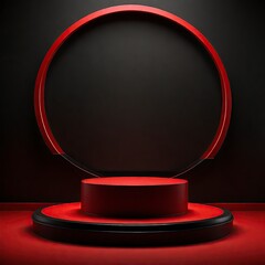 3d render of a modern interior red light round podium and black background for mock-up