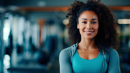 Muscular black woman in sportswear, fitness trainer smiling and looking at the camera in the background of the gym.  - obrazy, fototapety, plakaty