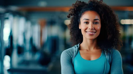 Schilderijen op glas Muscular black woman in sportswear, fitness trainer smiling and looking at the camera in the background of the gym.  © Carolina Santos 