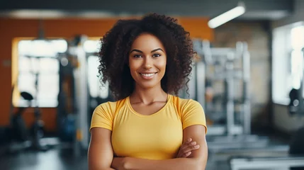 Papier Peint photo Fitness Muscular black woman in sportswear, fitness trainer smiling and looking at the camera in the background of the gym. 