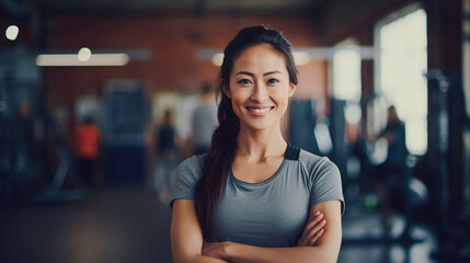 Muscular Asian woman in sportswear, fitness trainer smiling and looking at the camera in the background of the gym.  - obrazy, fototapety, plakaty