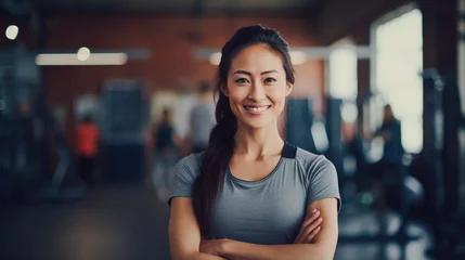 Tuinposter Muscular Asian woman in sportswear, fitness trainer smiling and looking at the camera in the background of the gym.  © Carolina Santos 
