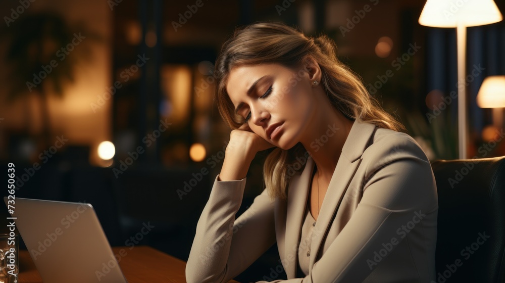 Poster woman experiencing neck pain and burnout while working on computer generative ai