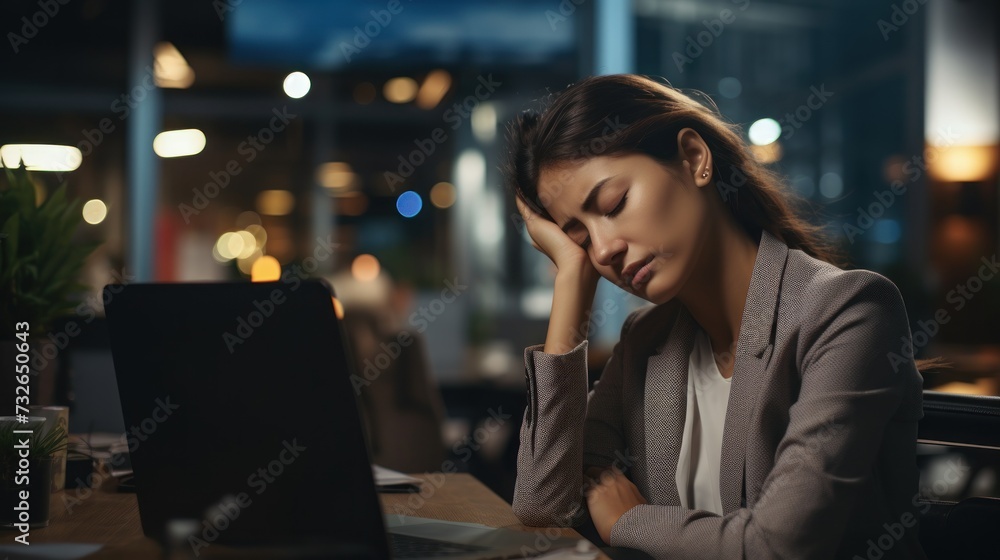 Poster woman experiencing neck pain and burnout while working on computer generative ai