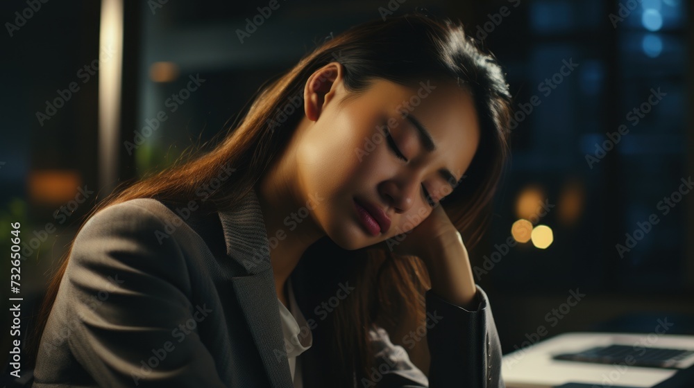 Poster woman experiencing neck pain and burnout while working on computer generative ai