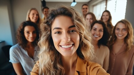 Fototapeta premium Businesswoman taking a selfie with her friend at the office Generative AI