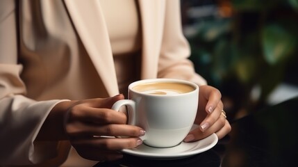 Female Employee Taking a Coffee Break at Her Desk with a Professional Mindset Generative AI