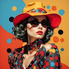 Beautiful elegant young woman in hat and sunglasses on  bright background with colorful dots....