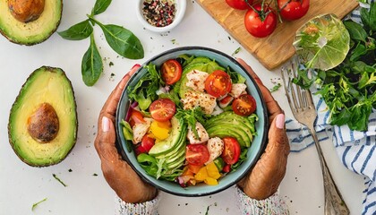 a woman's hands cradle a vibrant salad, showcasing tomatoes, chicken, avocado, and greens in a top view tableau. Freshness and health illuminated in warm tones