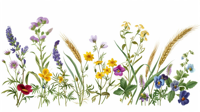 Natural Harmony: Bouquet of Flowers and Ears of Wheat as a Frame on a White Background, Clipart that Conveys a Rustic Atmosphere and Offers Generous Space for Your Unique Text.