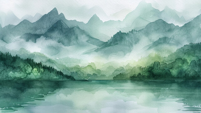 Abstract watercolor mountain range painting with lake in foreground.