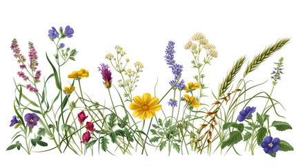 Obraz na płótnie Canvas Botanical Elegance: Arrangement of Wildflowers and Wheat, Clipart Forming a Delicate Frame on a White Background, Perfect for Creative Presentations with Space for Your Message.