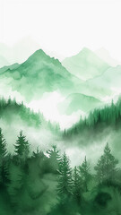 Fototapeta premium Vertical watercolor landscape of a green mountain range with trees.