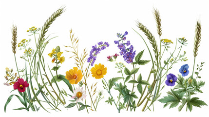 Botanical Elegance: Arrangement of Wildflowers and Wheat, Clipart Forming a Delicate Frame on a White Background, Perfect for Creative Presentations with Space for Your Message.