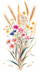 Fototapeta na wymiar Floral Elegance: Artistic Arrangement of Wildflowers and Wheat on a White Background, Delicate Clipart with Generous Space for Custom Text.