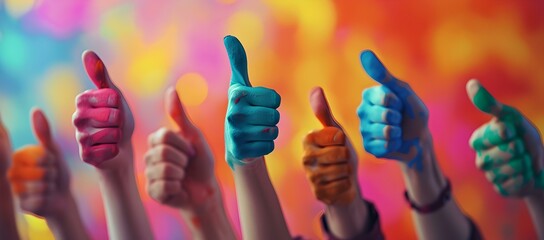 Vibrant colorful thumbs up gestures, positive reinforcement, happy expression of approval in artistic style. creative conceptual photography. AI