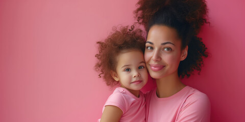 Fototapeta na wymiar Portrait of african american mother and her little daughter together on Mother's Day on pink background at home