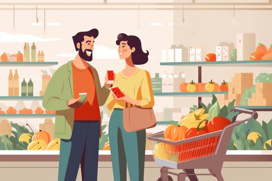 Illustration of joyful senior couple selecting fresh vegetables together in a grocery store.