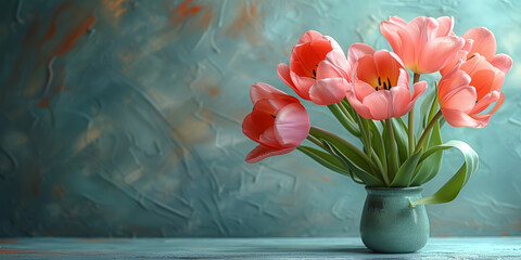 Vase decorated with pink tulips on a blue background, with copy space