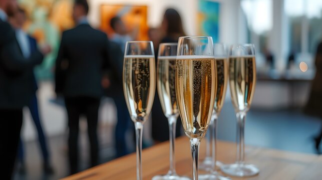 Elegant champagne flutes on a blurred background at a social event. close up of bubbly drinks, symbol of celebration. ideal for invitations and festivities. AI