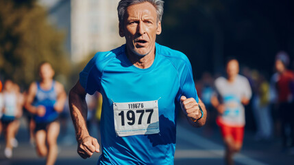 Fototapeta premium A focused senior man with a race bib numbered 1977 is actively running in a marathon event, showcasing fitness and endurance.