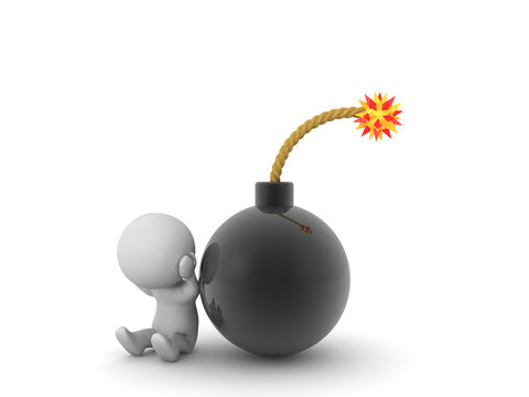 3D Character stressed next to lit cartoon bomb