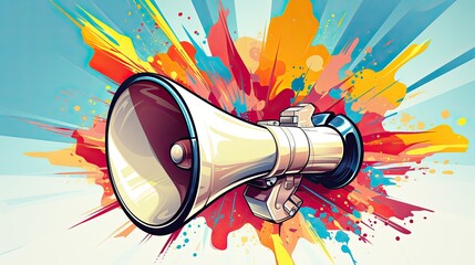 Megaphone comic drawing with paints in pop art style. Loudspeaker megaphone important message. Loud voice message art banner. Orato courses, public speaking, rallies, protests, voice messages, news. - obrazy, fototapety, plakaty