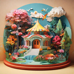 A Pavillon in a garden trees, clouds in the sky with beautiful fancy paper art.