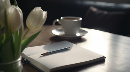 Diary notes white cup of coffee white tulips