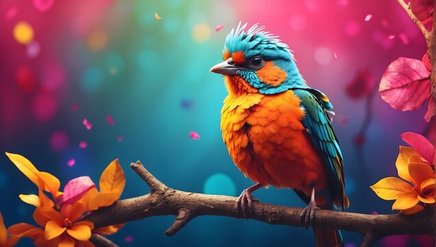 A colorful bird created using kirigami style in a colorful tree background can use for birthday card, invitation card, book cover template