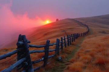 Obraz premium Misty hill with fence in Romania at sunset