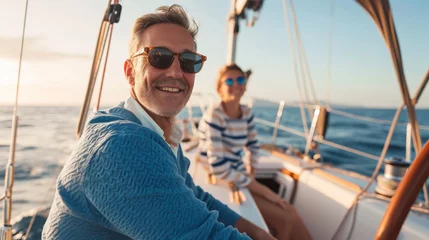 Fototapeten A smiling couple in casual attire and sunglasses enjoying a relaxing day on a yacht with a clear blue ocean in the background. © MP Studio