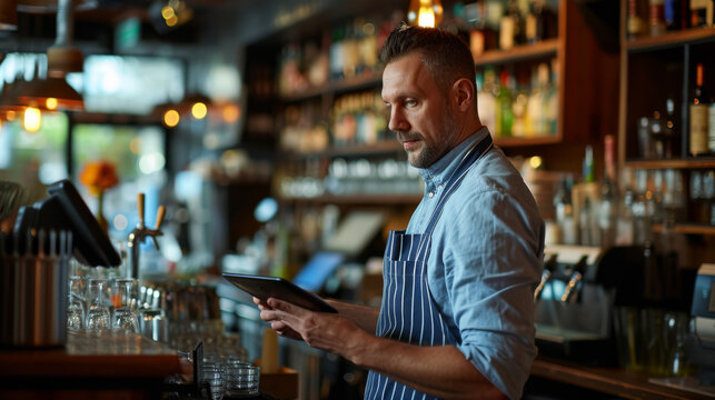 focused bearded man in a blue striped apron using a tablet in a bar setting
