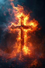 A burning cross, a wooden cross in flames with outpouring of the Holy Spirit. Christian illustration.