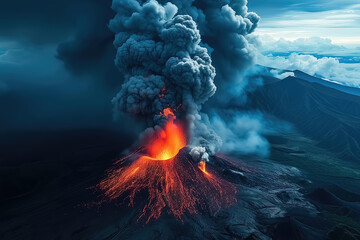 Volcanic eruption with lava flowing from the crater - obrazy, fototapety, plakaty