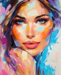 Female face closeup with paint splashes, digital illustration art.